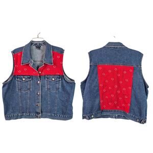 Baccini Blue Denim Red Floral Embellished Vintage Jean Jacket Vest Women's 20 XL